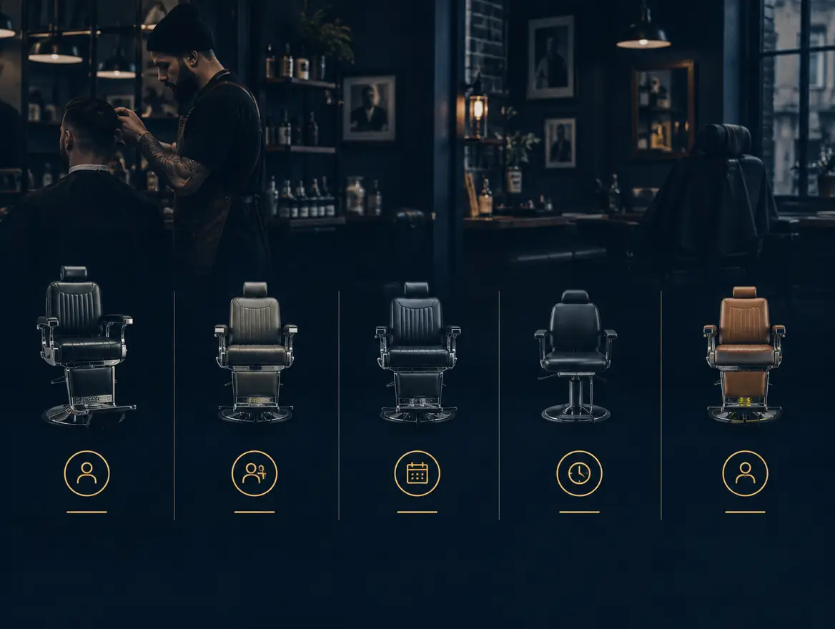 Diagram of five barber chair types: full-time, trial-to-perm, rostered, short cover and rent-a-chair