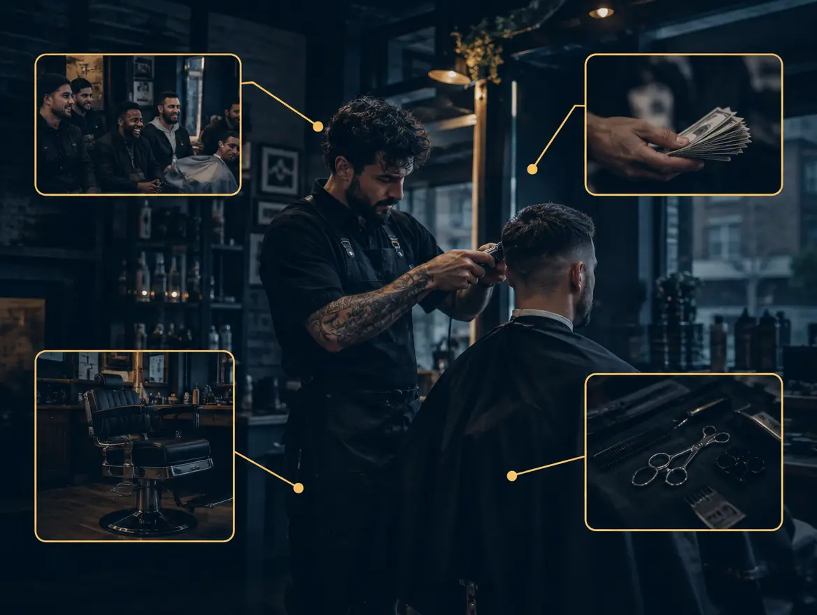 Mock barber job listing with callouts for client mix, pay, chair type and skill expectations