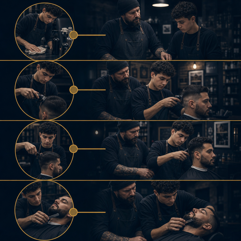 Diagram of an apprentice barber's skill progression from basics to razor finishes with mentor support