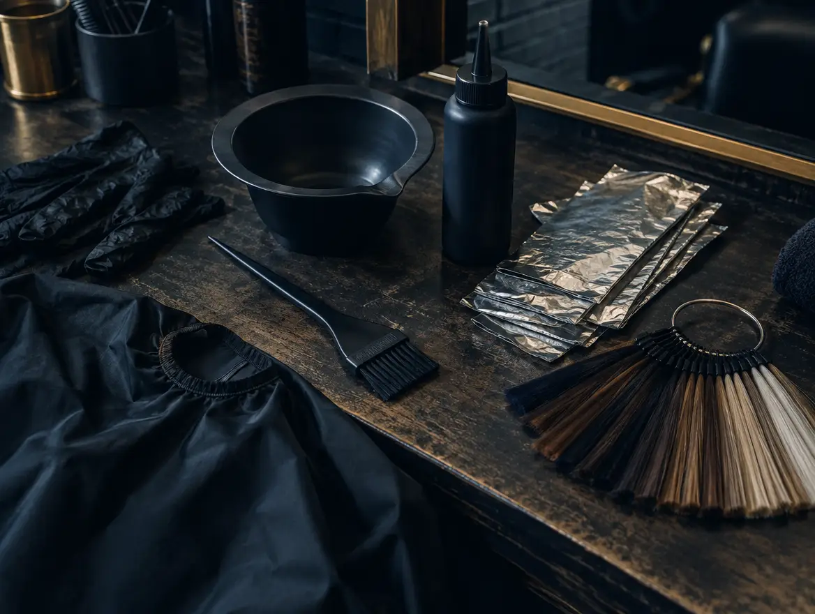 Barber colour tools including brush, bowl, applicator bottle and swatch ring