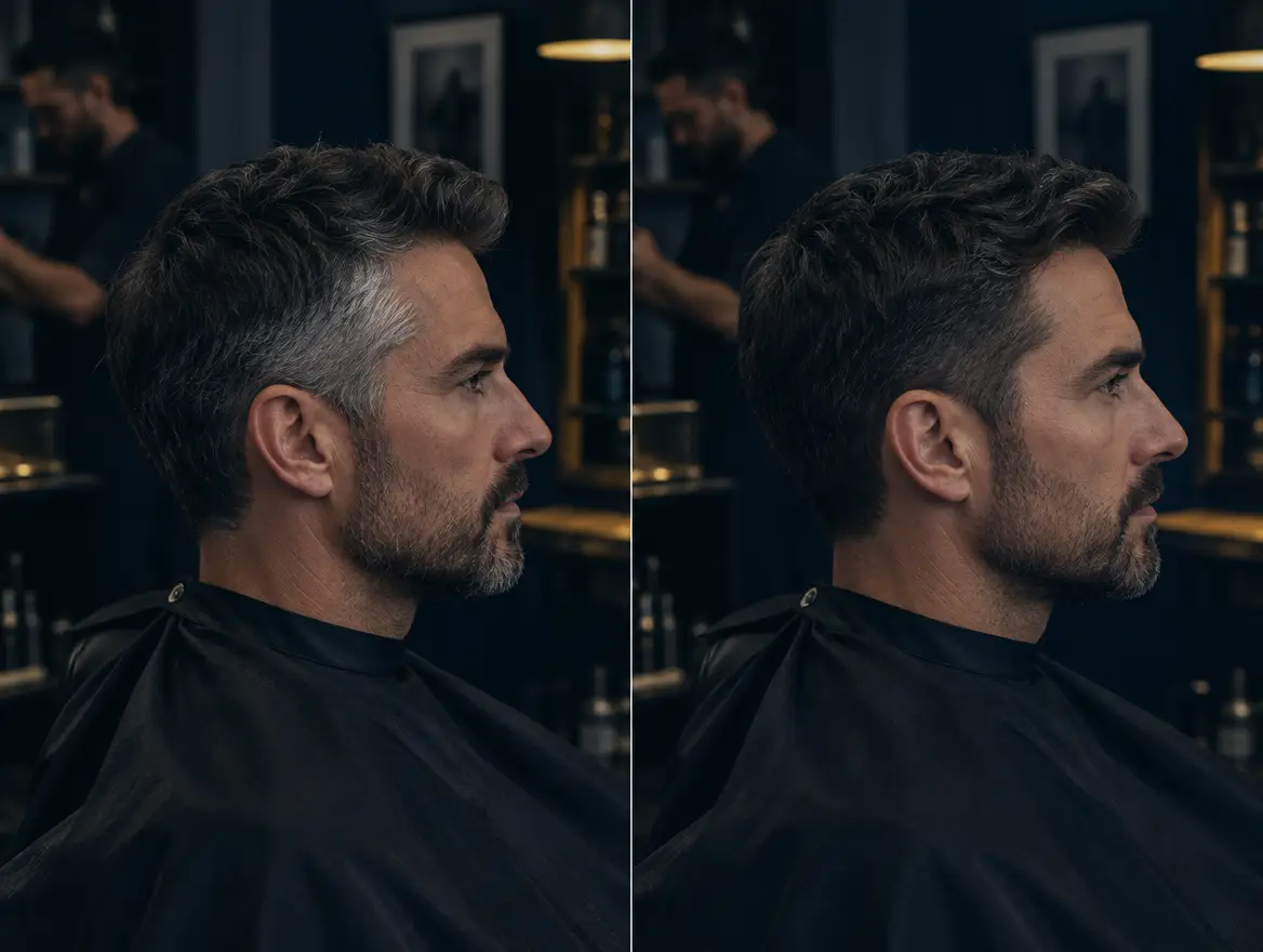 Before and after side profile showing grey blending on a man's hair