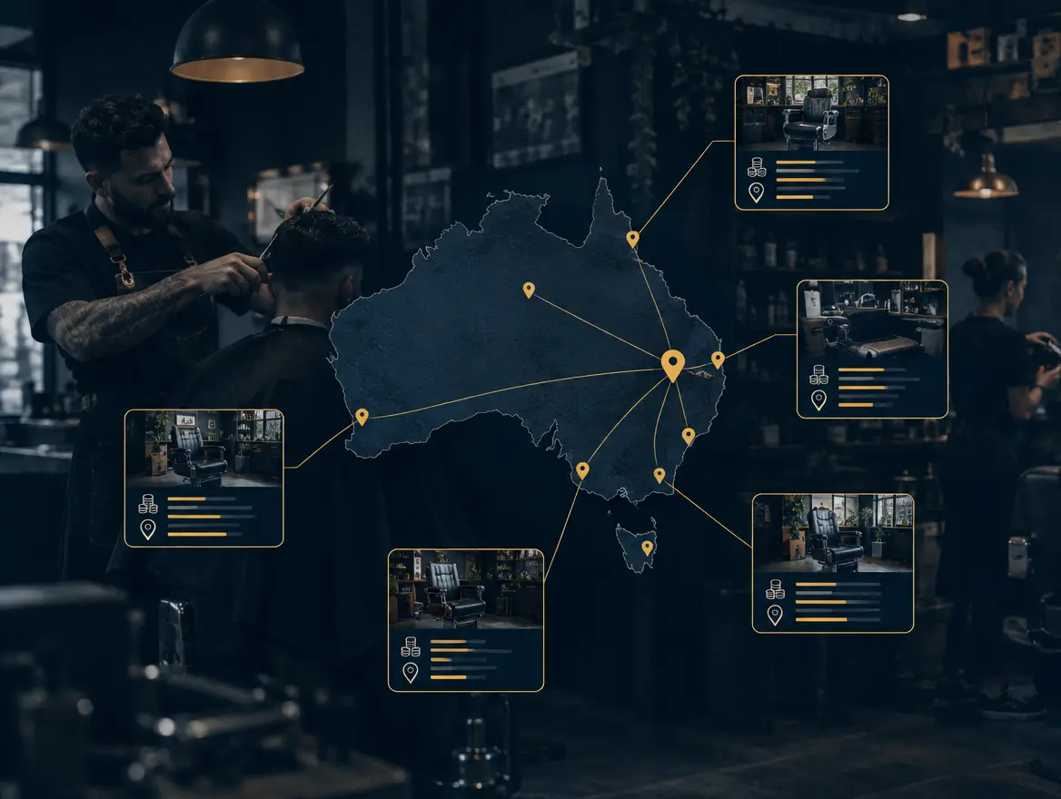Map of Australia with city pins linked to barber job listing cards