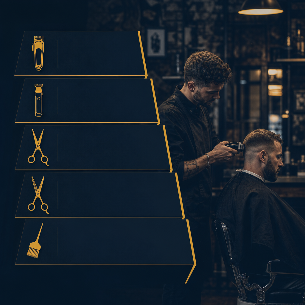 Five-step ladder showing barber levels from apprentice to specialist with skill icons