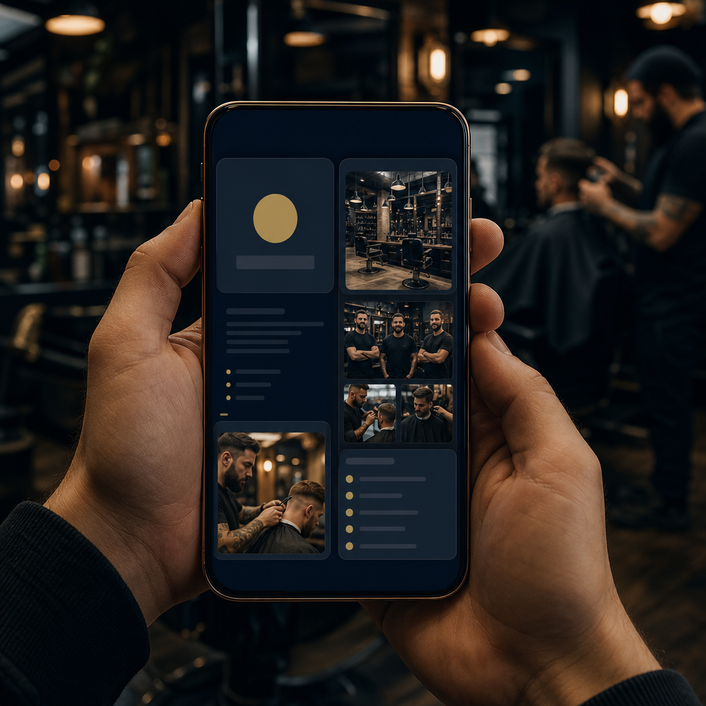 Two barber job listings compared: a text-only ad and a profile with photos and details