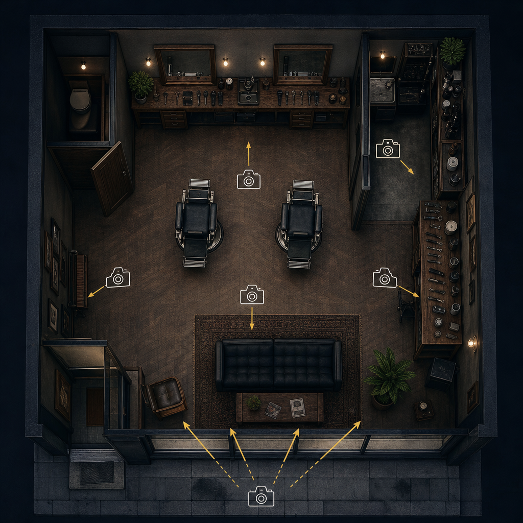 Floor plan of a barbershop marking the best spots to photograph for a job profile