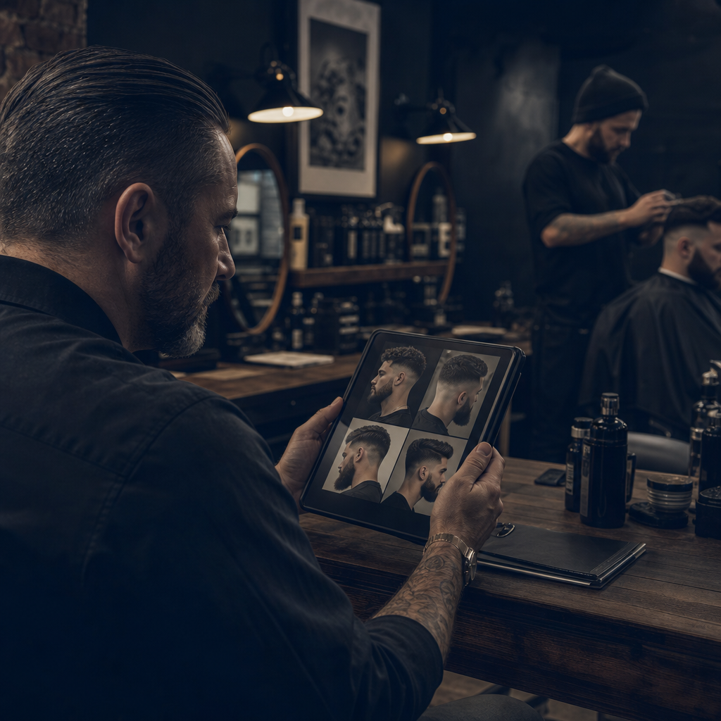 Shop owner reviewing barber portfolios on a tablet