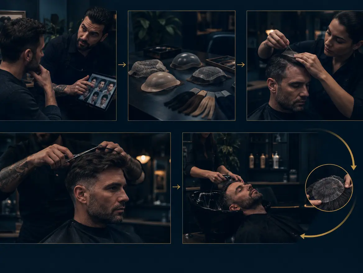 Process diagram of the hair system client journey from consultation to maintenance