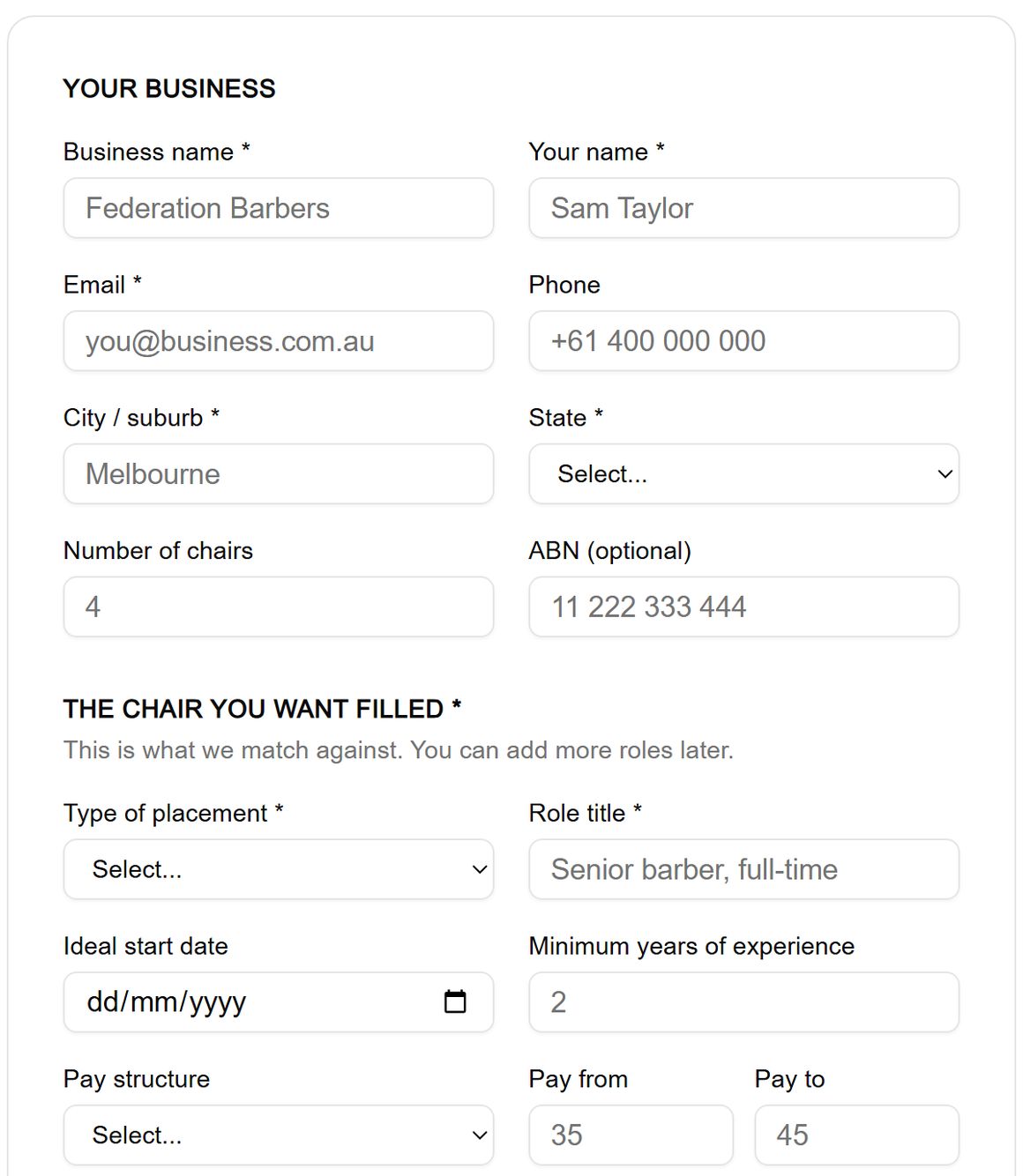 The role posting form: the chair you want filled, pay, must-have skills